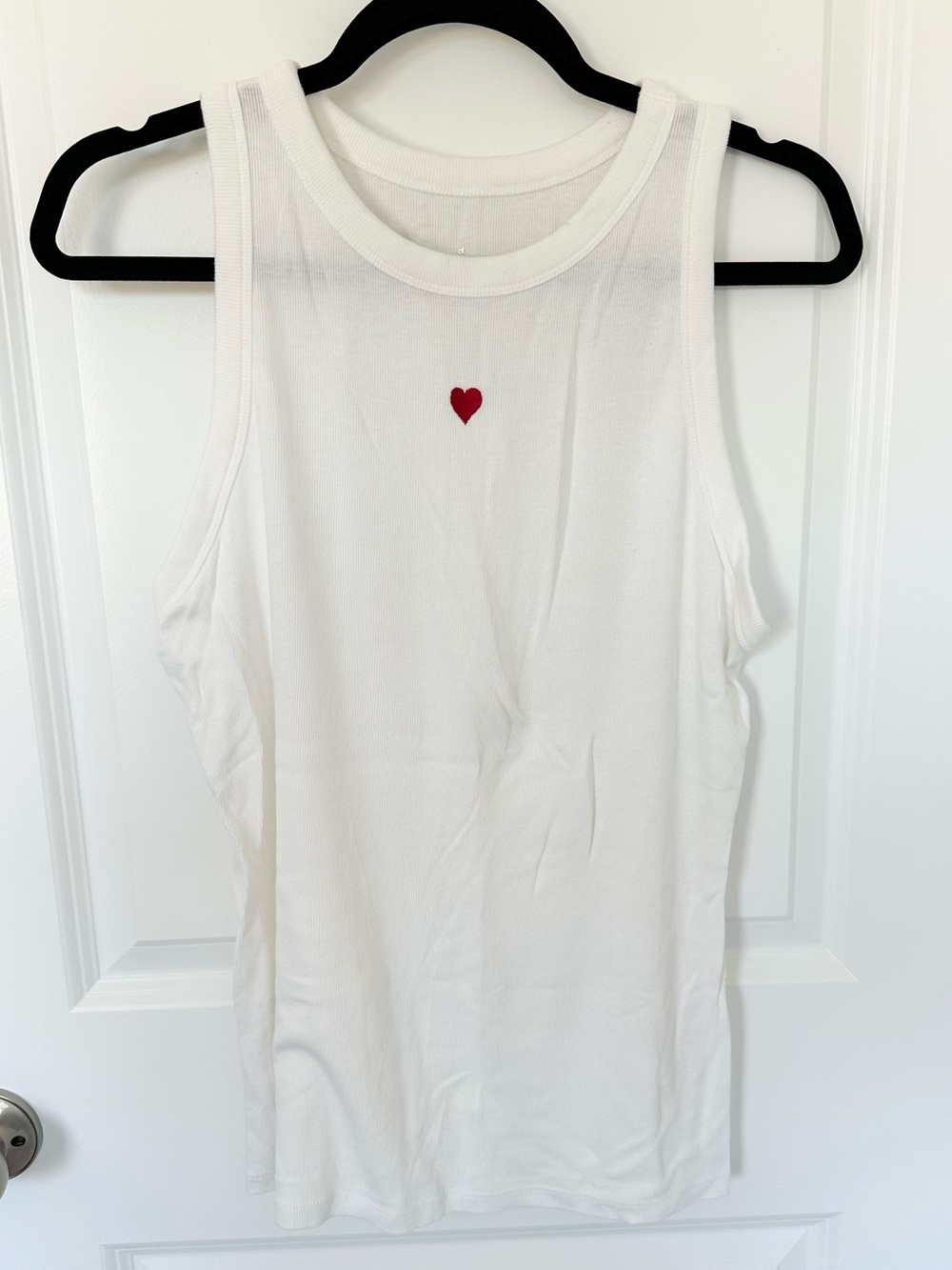 a new day White Tank with Small Red Heart